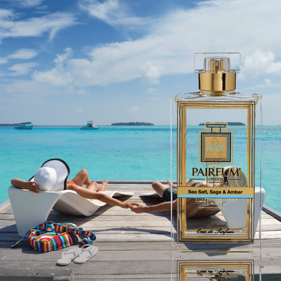 Eau De Parfum Person Reflection Sea Salt Sage Amber Couple Lounger art of perfume storage